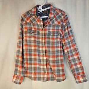 Jachs Girlfriend‎ Stylish Plaid Button-Up Shirt Orange Gray Casual Long Sleeve